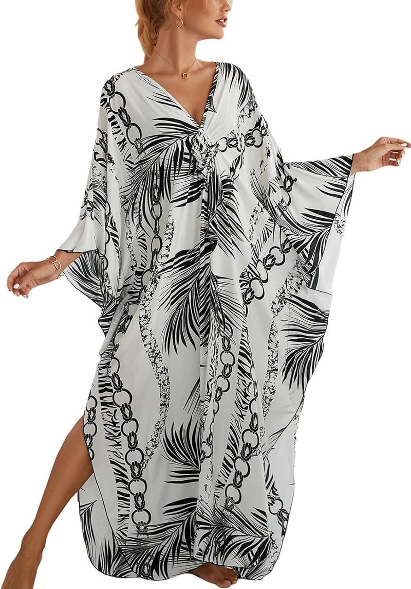 IMAGEKOPE Women's Plus Size Animal Print V-Neck Batwing Kaftan Beach Dress Bathing Suit Cover-Up Loungewear - Image 1